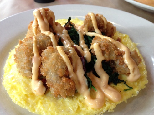 Soft Cooked Eggs, Fried Oysters, House Made Bacon, Spinach, Spicy Aioli